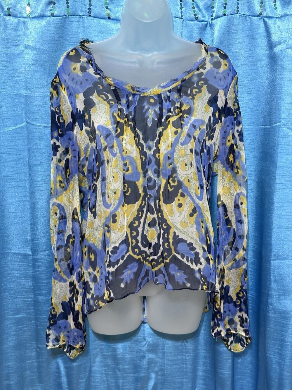 Elie Tahari Yellow & Blue print chiffon 100% silk Sheer blouse sz M